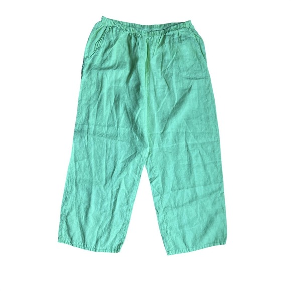 FLAX Linen Cropped Wide Leg Pants Women Size M Lime Green Elastic Waist - Picture 2 of 8